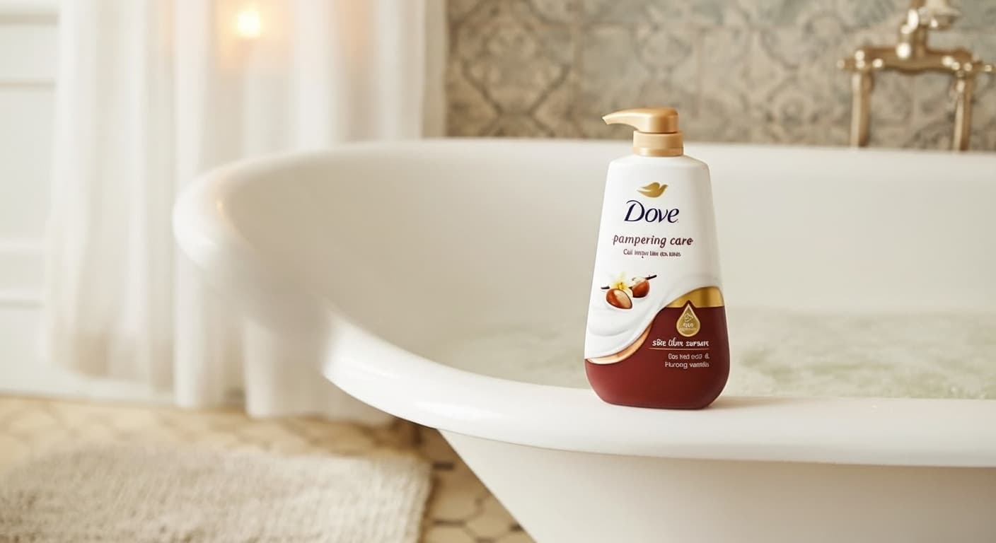 A bottle of Dove body wash with a clean, fresh background